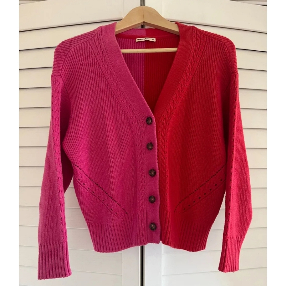 Marine Layer Wool Blend Colorblock Pink Red V-Neck Button Cozy Chic Cardigan New - Picture 4 of 8